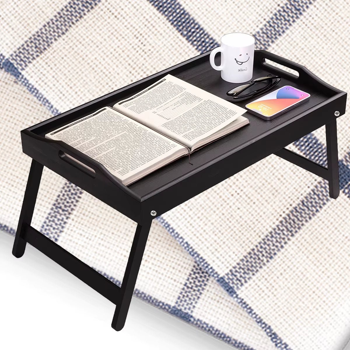 Foldable Bamboo Breakfast Tray with Handles - Ideal for Bed, Sofa or TV - Laptop, Snack and Meal Tray (Black/White)