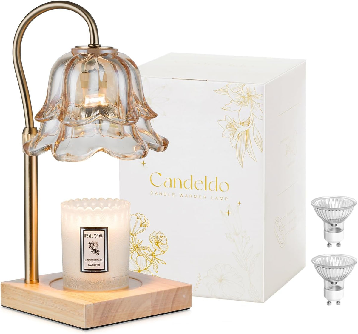 Candle Warmer Lamp with Timer, Gold Flower Glass Shade
