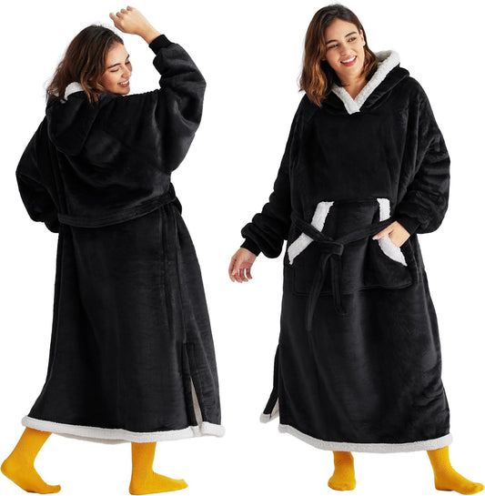 Wearable Blanket Hoodie, Long Hooded Blanket Sweatshirt as Birthday Gifts for Women, Cozy Sherpa Hoodie for Adult, Standard, Black