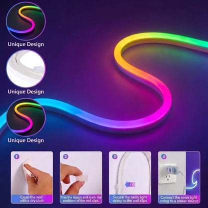 Upgraded RGBIC Smart Neon LED Strip (5M/10M) - Bluetooth APP & Remote Controlled Color-Changing Mood Lights with Music Sync, Self-Adhesive USB Powered, Neon Lights for Bedroom, Gaming Setup Accessories, Led Lights Bedroom