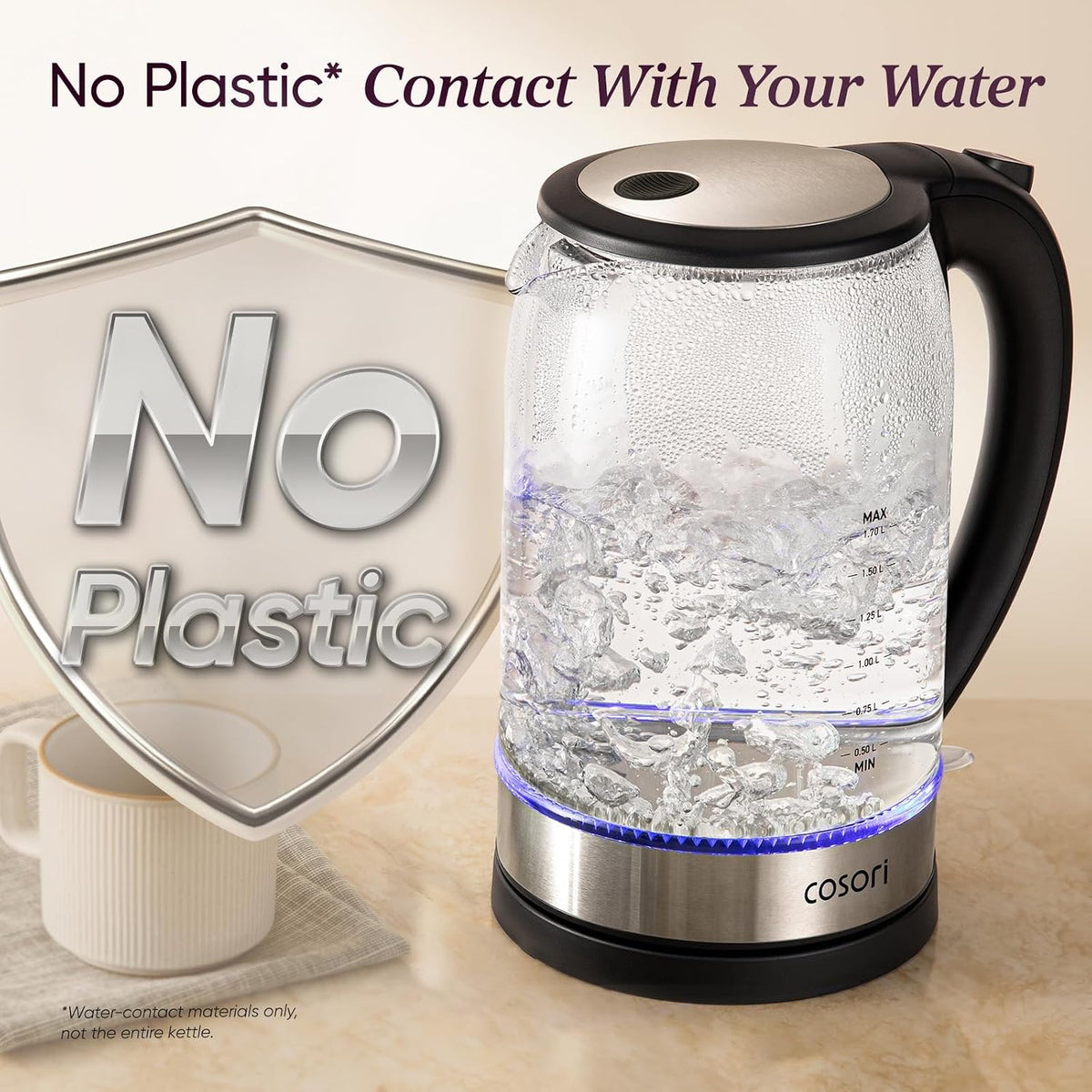 Electric Kettle, No Plastic Contact with Water, 1.7L, Black