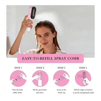 2 in 1 Scalp Massage Air Cushion Comb Built in Spray Bottle, 50Ml Water Storage Compartment, Manual Spray Comb, Hair Styling Tools, Anti-Frizzy Open-Knot Comb for Wet Dry Hair, Suitable for Curly, Wavy and Straight Hair, Anti-Knot Hairbrush Comb