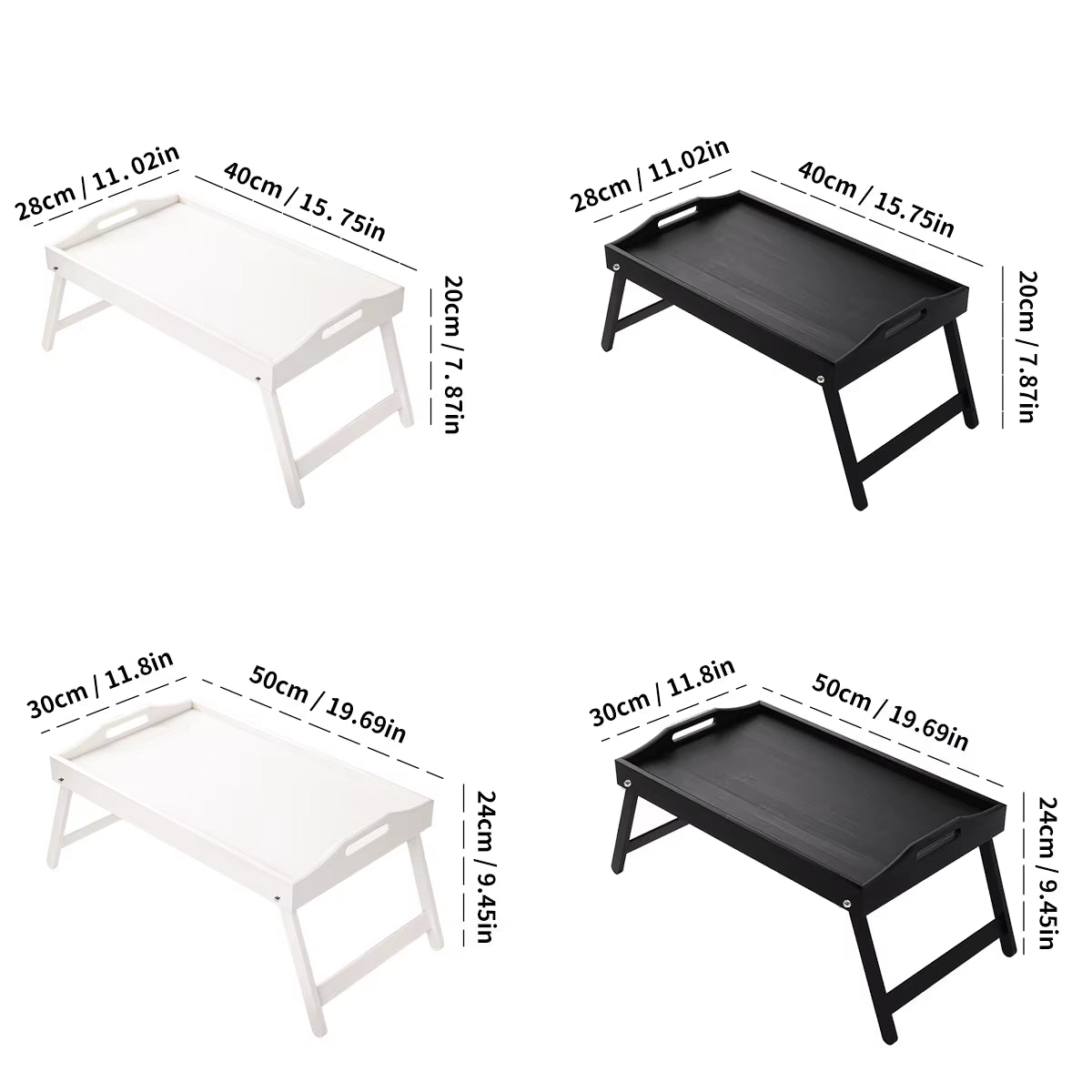 Foldable Bamboo Breakfast Tray with Handles - Ideal for Bed, Sofa or TV - Laptop, Snack and Meal Tray (Black/White)