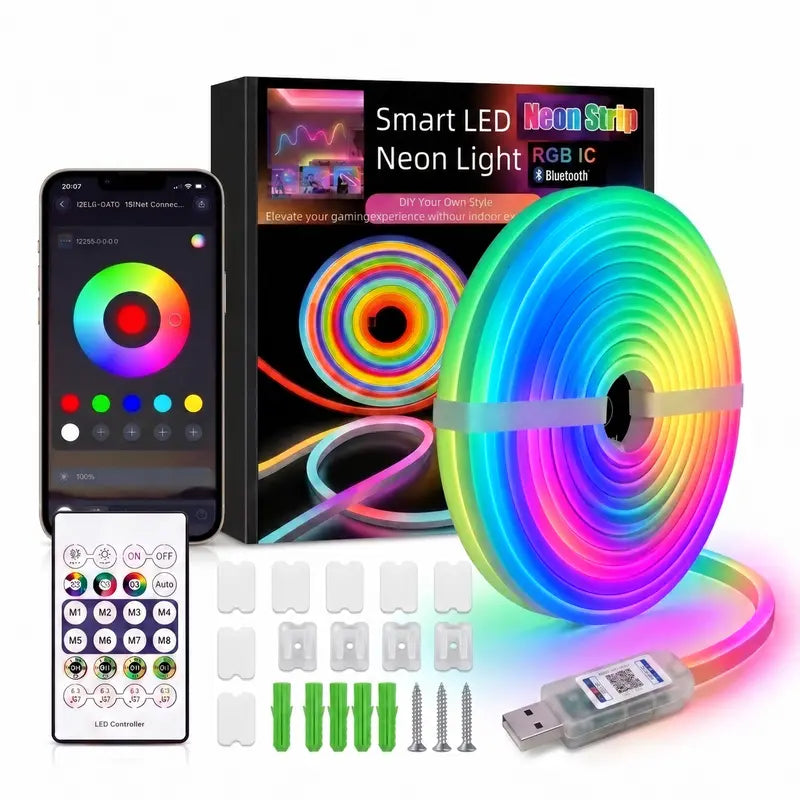 Upgraded RGBIC Smart Neon LED Strip (5M/10M) - Bluetooth APP & Remote Controlled Color-Changing Mood Lights with Music Sync, Self-Adhesive USB Powered, Neon Lights for Bedroom, Gaming Setup Accessories, Led Lights Bedroom