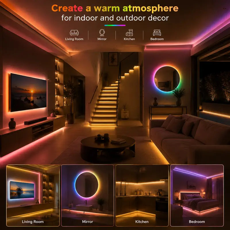 Upgraded RGBIC Smart Neon LED Strip (5M/10M) - Bluetooth APP & Remote Controlled Color-Changing Mood Lights with Music Sync, Self-Adhesive USB Powered, Neon Lights for Bedroom, Gaming Setup Accessories, Led Lights Bedroom
