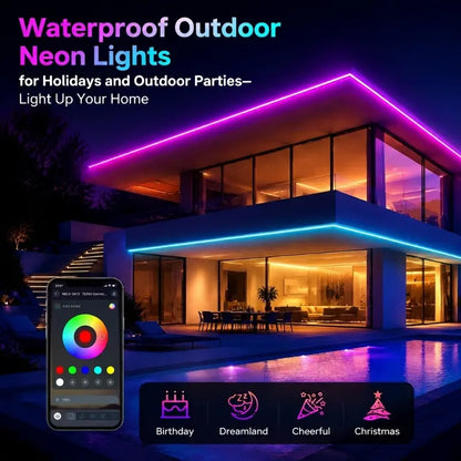 Upgraded RGBIC Smart Neon LED Strip (5M/10M) - Bluetooth APP & Remote Controlled Color-Changing Mood Lights with Music Sync, Self-Adhesive USB Powered, Neon Lights for Bedroom, Gaming Setup Accessories, Led Lights Bedroom