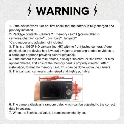 FHD 1080P Digital Camera with SD Card, 16X Digital Zoom Camera, Compact Portable Mini Camera for Teenagers Students Boys Girls, Point and Shoot Camera for Gifts, Tech Gadgets, Gift, Including Chargeable Battery, No Adapter