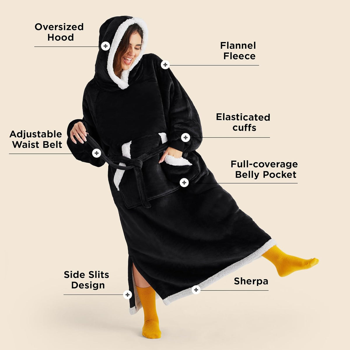 Wearable Blanket Hoodie, Long Hooded Blanket Sweatshirt as Birthday Gifts for Women, Cozy Sherpa Hoodie for Adult, Standard, Black