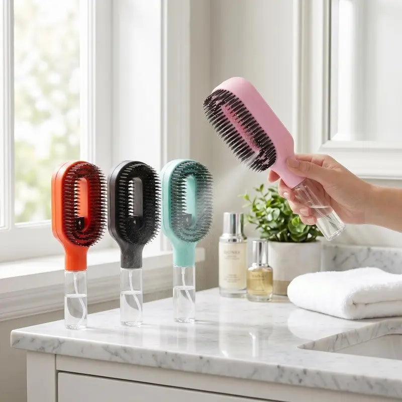 2 in 1 Scalp Massage Air Cushion Comb Built in Spray Bottle, 50Ml Water Storage Compartment, Manual Spray Comb, Hair Styling Tools, Anti-Frizzy Open-Knot Comb for Wet Dry Hair, Suitable for Curly, Wavy and Straight Hair, Anti-Knot Hairbrush Comb