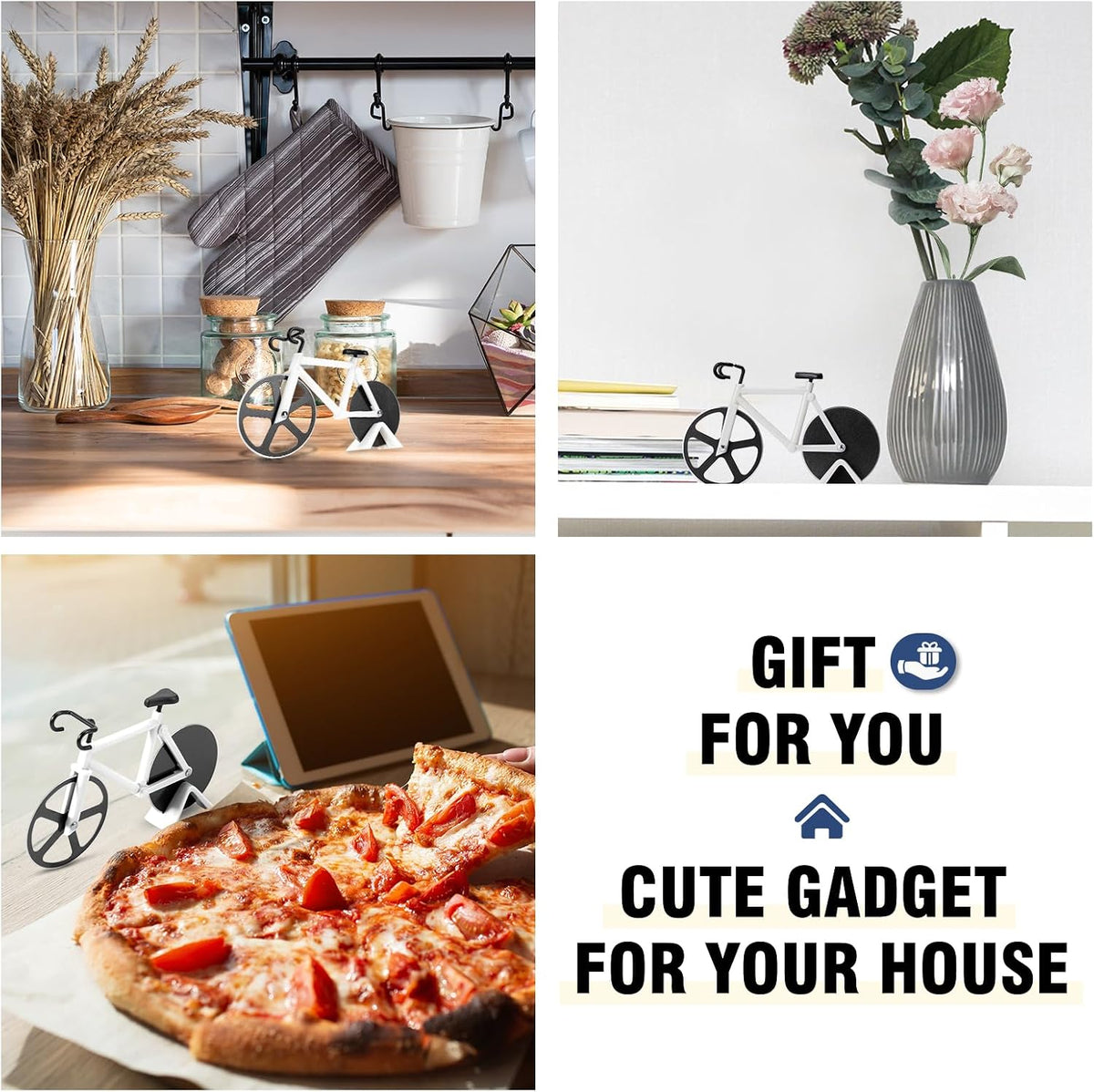 Bicycle Pizza Cutter Wheel - Gifts for Cyclists, Men, Dad, Bike Lovers - Funny Kitchen Gadgets - Cool Father’S Day, Christmas, Birthday, White Elephant Gifts - Stainless Steel Pizza Slicer(White)