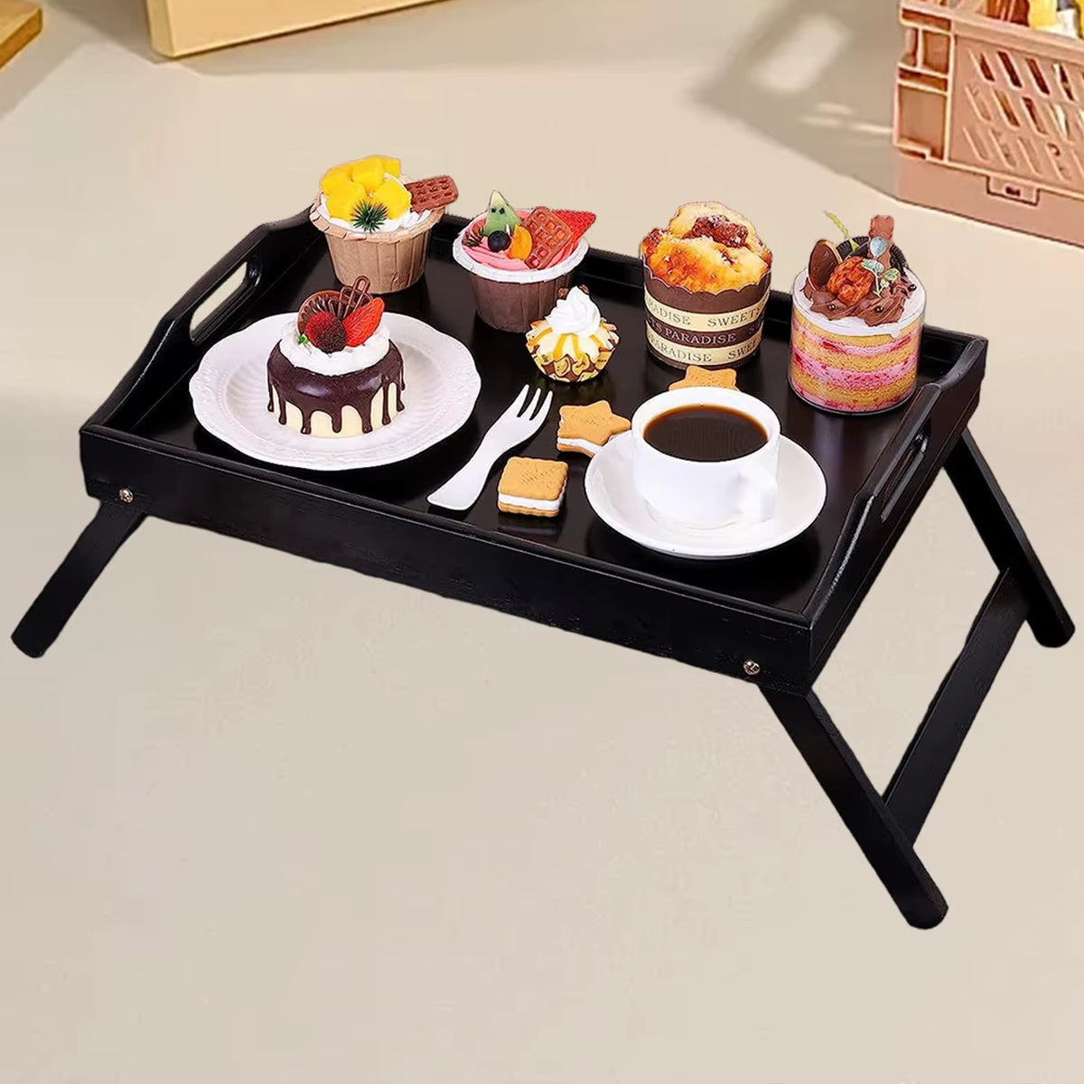 Foldable Bamboo Breakfast Tray with Handles - Ideal for Bed, Sofa or TV - Laptop, Snack and Meal Tray (Black/White)